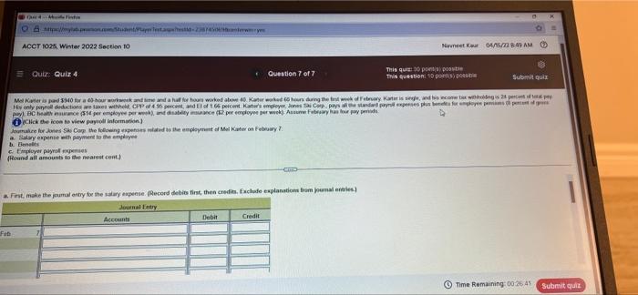 Acct 1025 Winter 2022 Section 10 Nawet W 04 1 4 Am Qutz Quiz 4 Question 7 Of 7 This Qui Sont Possible This Question 1 2