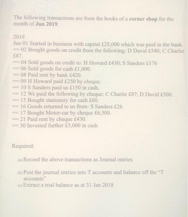 The Following Transactions Are From The Books Of A Corner Shop For The Month Of Jun 2019 2019 Jun 01 Started In Busines 1