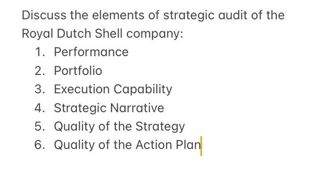 Discuss The Elements Of Strategic Audit Of The Royal Dutch Shell Company 1 Performance 2 Portfolio 3 Execution Capab 1
