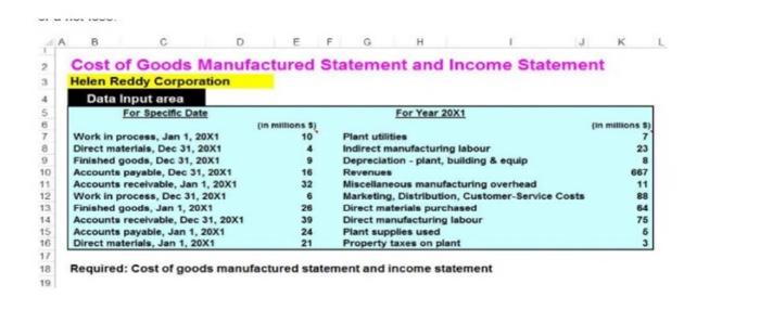 2 3 4 5 6 7 8 9 10 11 B C G H Cost Of Goods Manufactured Statement And Income Statement Helen Reddy Corporation 17 18 19 1