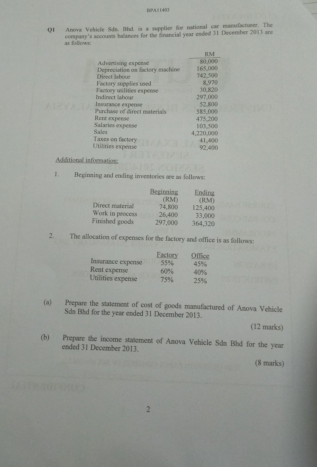 Q1 2 A B 1 Anova Vehicle Sdn Bhd Is A Supplier For National Car Manufacturer The Company S Accounts Balances Fo 1