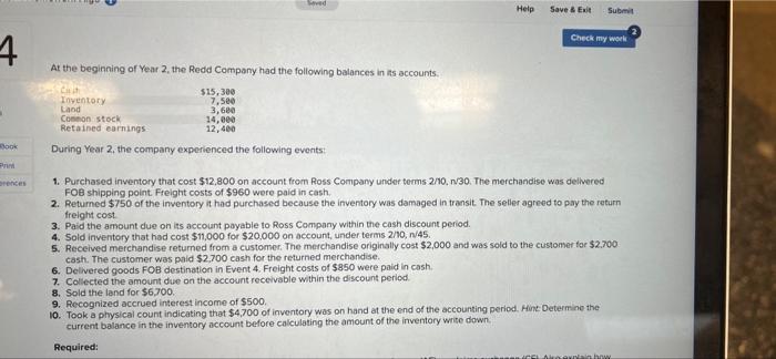4 Print Rences Seved At The Beginning Of Year 2 The Redd Company Had The Following Balances In Its Accounts Cash Inven 1