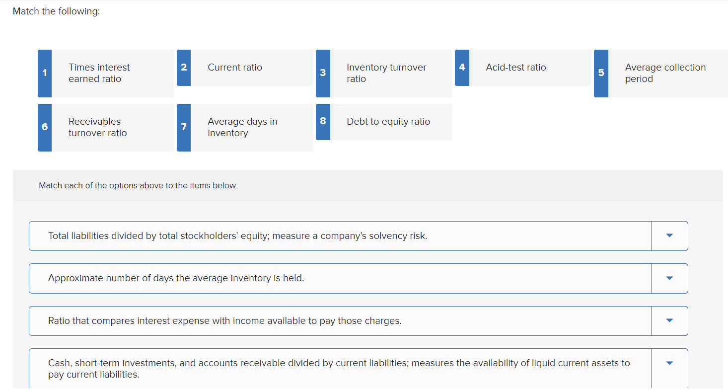 Match The Following 1 6 Times Interest Earned Ratio Receivables Turnover Ratio 2 Current Ratio 7 Average Days In Invent 1