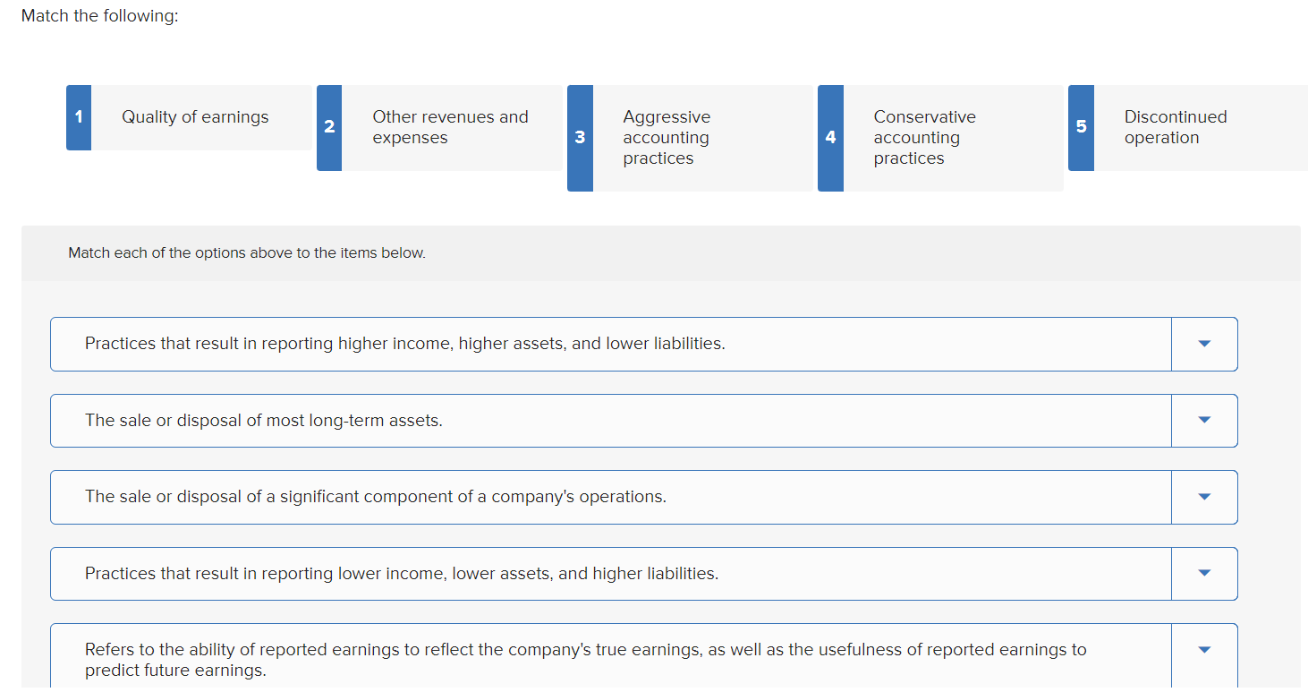 Match The Following 1 Quality Of Earnings 2 Other Revenues And Expenses Match Each Of The Options Above To The Items Be 1