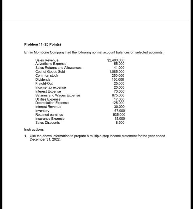 Problem 11 20 Points Ennio Morricone Company Had The Following Normal Account Balances On Selected Accounts Sales Rev 1