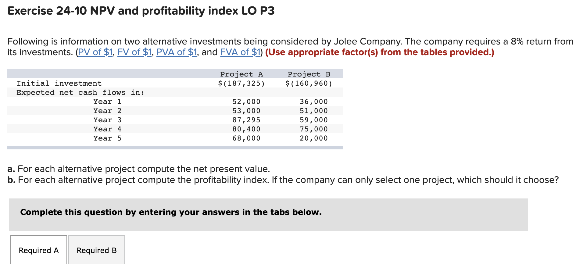 Exercise 24 10 Npv And Profitability Index Lo P3 Following Is Information On Two Alternative Investments Being Considere 1