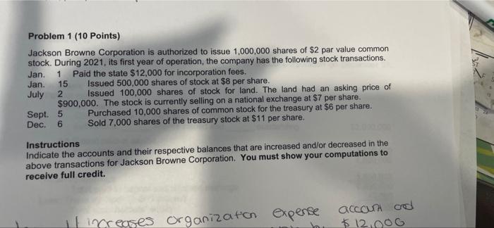Problem 1 10 Points Jackson Browne Corporation Is Authorized To Issue 1 000 000 Shares Of 2 Par Value Common Stock D 1