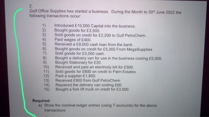 2 Gulf Office Supplies Has Started A Business During The Month To 30 June 2022 The Following Transactions Occur 1 2 1