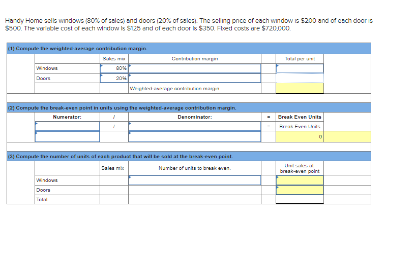 Handy Home Sells Windows 80 Of Sales And Doors 20 Of Sales The Selling Price Of Each Window Is 200 And Of Each D 1