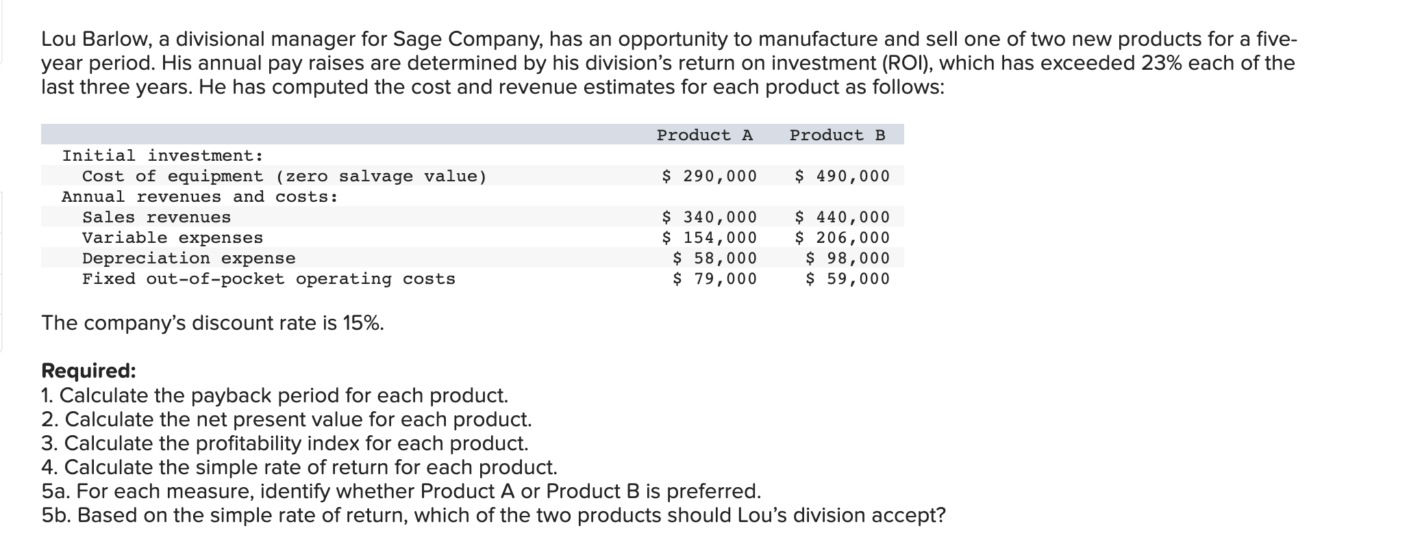 Lou Barlow A Divisional Manager For Sage Company Has An Opportunity To Manufacture And Sell One Of Two New Products Fo 1