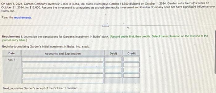 On April 1 2024 Garden Company Invests 12 000 In Bulbs Inc Stock Bulbs Pays Garden A 700 Dividend On October 1 2 1