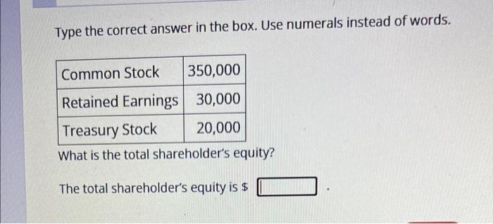 Type The Correct Answer In The Box Use Numerals Instead Of Words Common Stock 350 000 Retained Earnings 30 000 Treasur 1