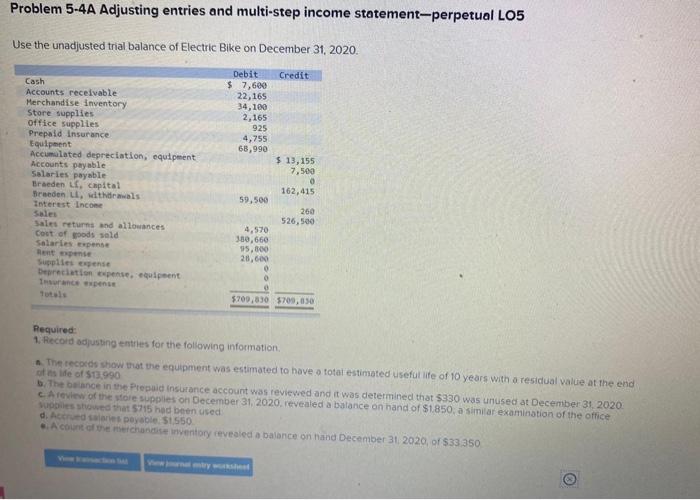 Problem 5 4a Adjusting Entries And Multi Step Income Statement Perpetual Lo5 Use The Unadjusted Trial Balance Of Electri 1