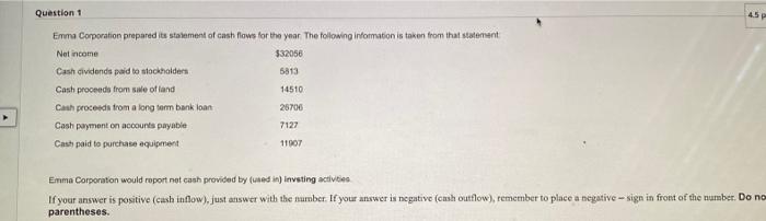 Question 1 Emma Corporation Prepared Its Statement Of Cash Flows For The Year The Following Information Is Taken From T 1