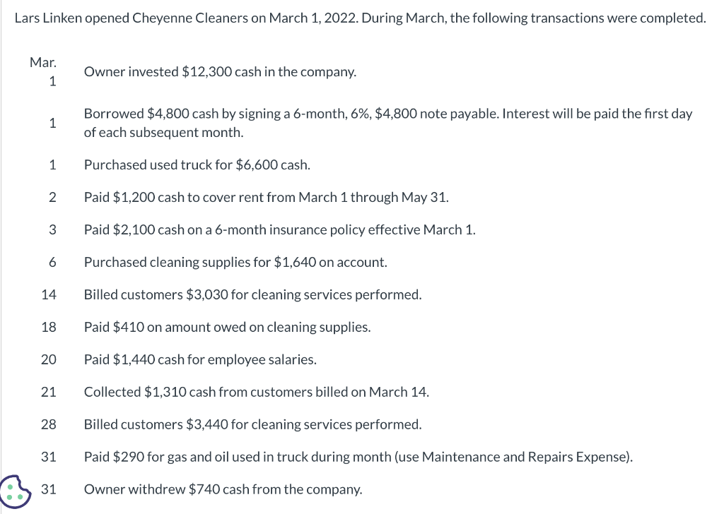 Lars Linken Opened Cheyenne Cleaners On March 1 2022 During March The Following Transactions Were Completed Mar 1 1 1