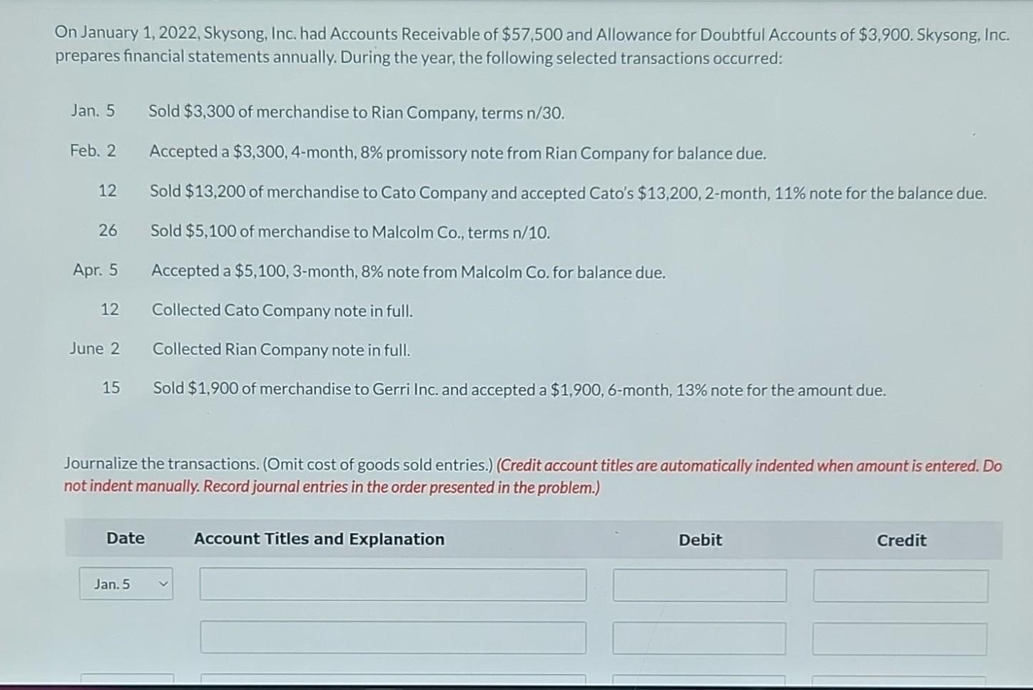 On January 1 2022 Skysong Inc Had Accounts Receivable Of 57 500 And Allowance For Doubtful Accounts Of 3 900 Skys 1
