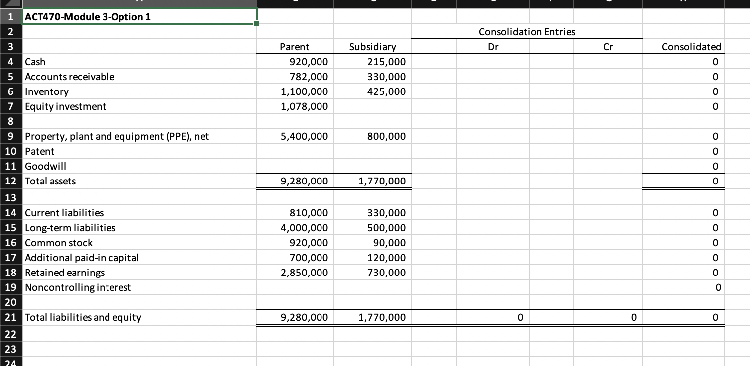 1 Act470 Module 3 Option 1 2 3 4 Cash 5 Accounts Receivable 6 Inventory 7 Equity Investment 8 9 Property Plant And Equi 1