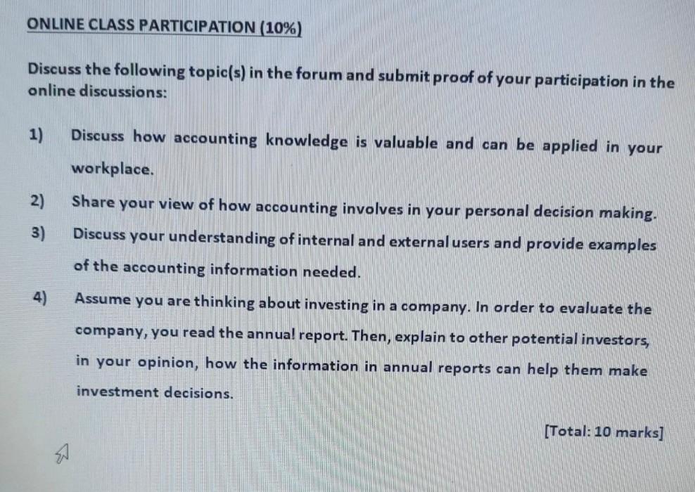 Online Class Participation 10 Discuss The Following Topic S In The Forum And Submit Proof Of Your Participation In T 1