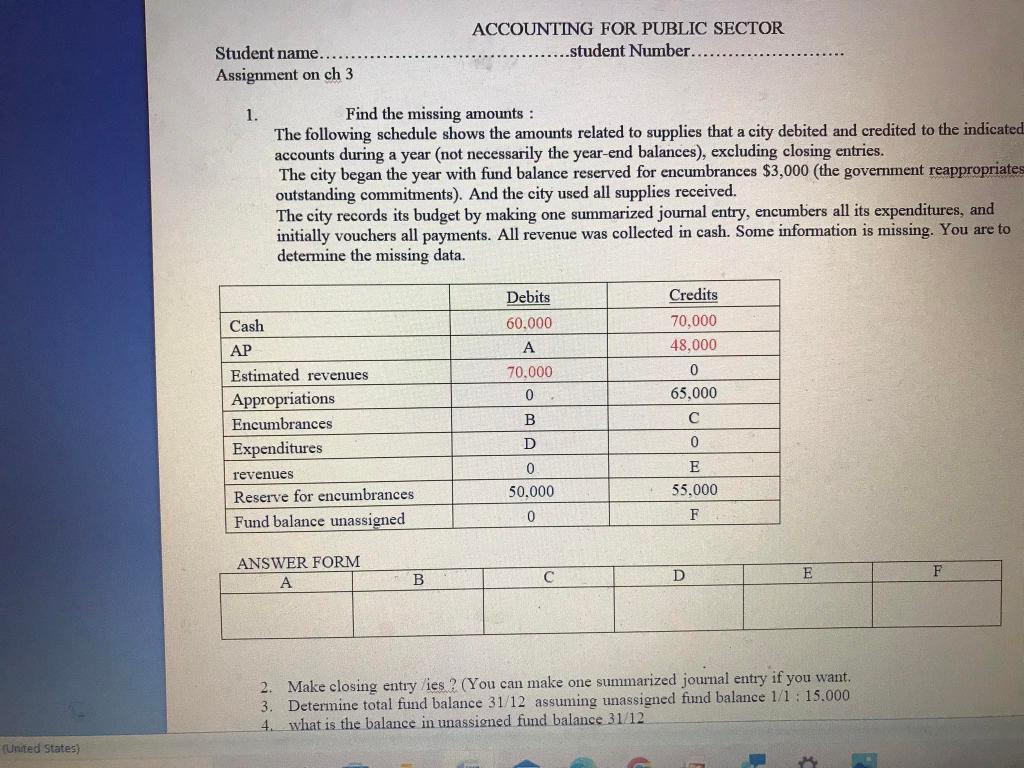 Accounting For Public Sector Student Number Student Name Assignment On Ch 3 1 Find The Missing Amounts The F 1