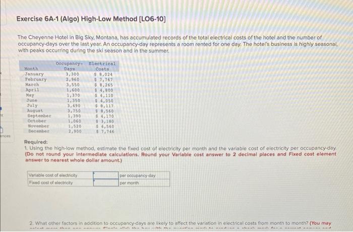Ances Exercise 6a 1 Algo High Low Method Lo6 10 The Cheyenne Hotel In Big Sky Montana Has Accumulated Records Of T 1