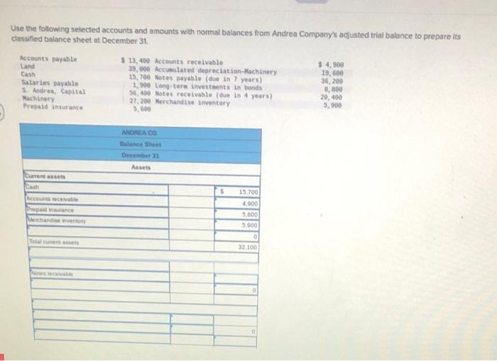 Use The Following Selected Accounts And Amounts With Normal Balances From Andrea Company S Adjusted Trial Balance To Pre 1