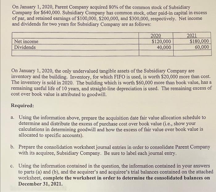 On January 1 2020 Parent Company Acquired 80 Of The Common Stock Of Subsidiary Company For 640 000 Subsidiary Compa 1