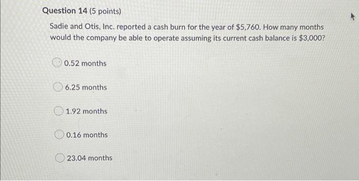 Question 14 5 Points Sadie And Otis Inc Reported A Cash Burn For The Year Of 5 760 How Many Months Would The Compa 2