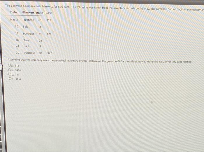 The Boxwood Company Sells Blankets For 38 Each The Following Was Taken From The Inventory Records During May The Comp 2