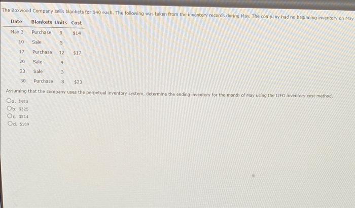 The Boxwood Company Sells Blankets For 38 Each The Following Was Taken From The Inventory Records During May The Comp 3