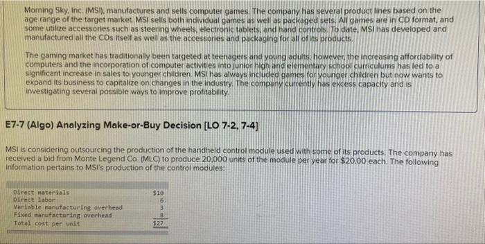 Moming Sky Inc Msi Manufactures And Sells Computer Games The Company Has Several Product Lines Based On The Age Ra 1