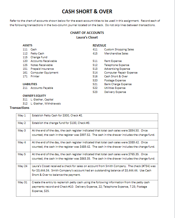 Cash Short Over Refer To The Chart Of Accounts Shown Below For The Exact Account Titles To Be Used In This Assignment 1