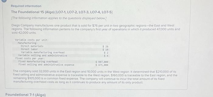 Required Information The Foundational 15 Algo Lo7 1 Lo7 2 Lo7 3 Lo7 4 L07 5 The Following Information Applies T 1