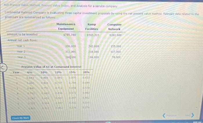Net Present Value Method Present Value Index And Analysis For A Service Company Continental Railroad Company Is Evalua 1