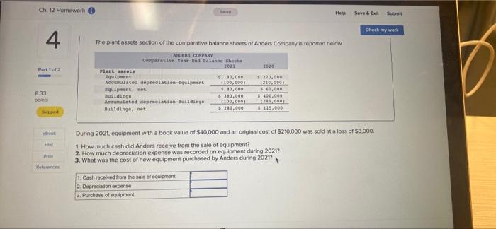 Ch 12 Homework Helo Save Ext Submit Check My Wurde 4 Part 1 Of 2 The Plant Assets Section Of The Comparative Balance 1