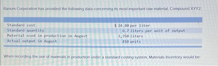 Barium Corporation Has Provided The Following Data Concerning Its Most Important Raw Material Compound Xyy2 Standard C 1