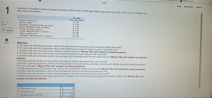 20 Po 1 Saxbury Corporation S Relevant Range Of Activity Is 3 000 Units To 7000 Units When It Produces And Sells 5300 Un 1