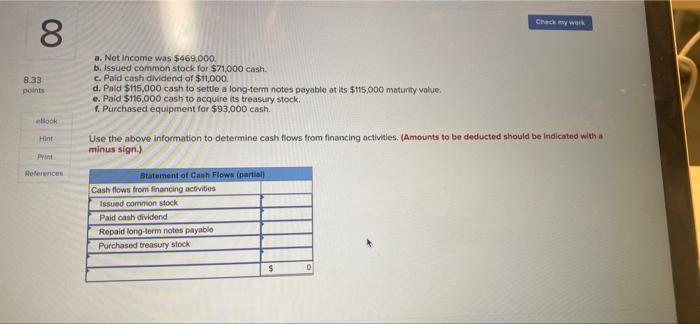 Check My Won 8 8 33 Points A Not Income Was 469 000 B Issued Common Stock For 71 000 Cash C Paid Cash Dividend Of 1
