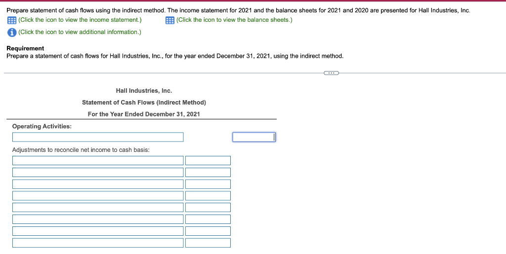 Prepare Statement Of Cash Flows Using The Indirect Method The Income Statement For 2021 And The Balance Sheets For 2021 1