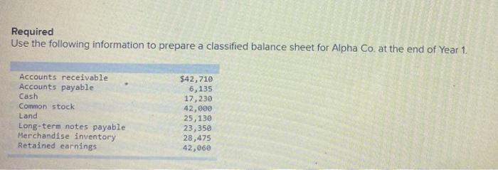 Required Use The Following Information To Prepare A Classified Balance Sheet For Alpha Co At The End Of Year 1 Account 1