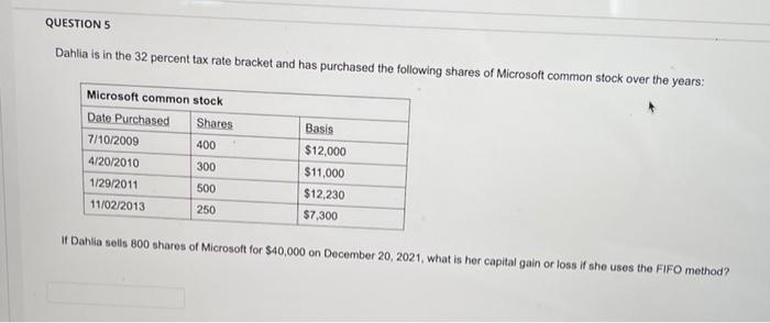 Question 5 Dahlia Is In The 32 Percent Tax Rate Bracket And Has Purchased The Following Shares Of Microsoft Common Stock 1