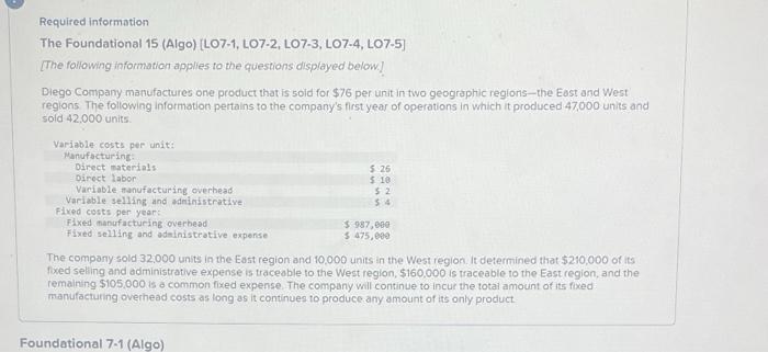 Required Information The Foundational 15 Algo Lo7 1 Lo7 2 Lo7 3 Lo7 4 Lo7 5 The Following Information Applies T 2