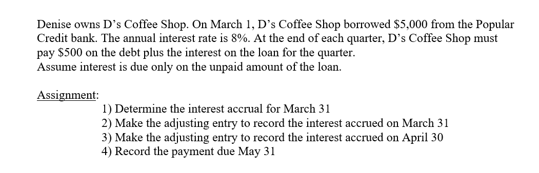 Denise Owns D S Coffee Shop On March 1 D S Coffee Shop Borrowed 5 000 From The Popular Credit Bank The Annual Intere 1