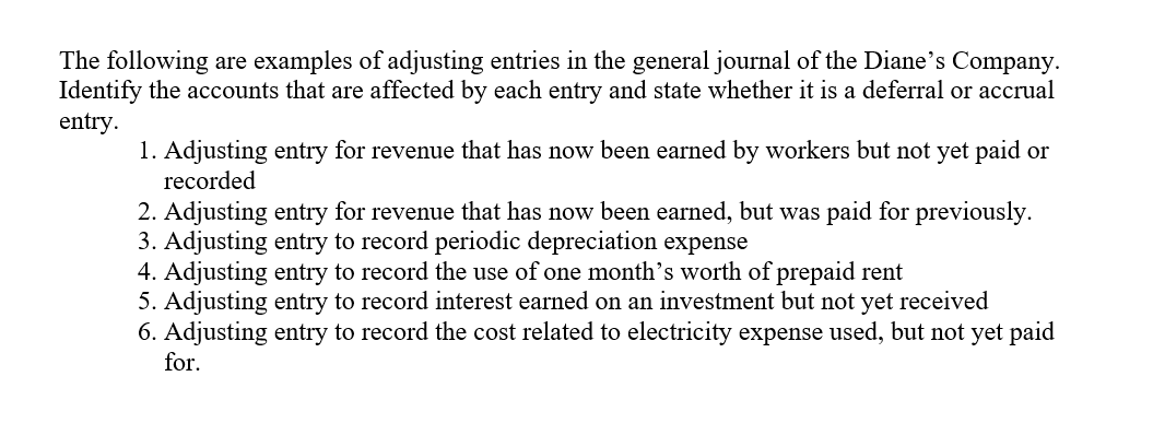 The Following Are Examples Of Adjusting Entries In The General Journal Of The Diane S Company Identify The Accounts Tha 1