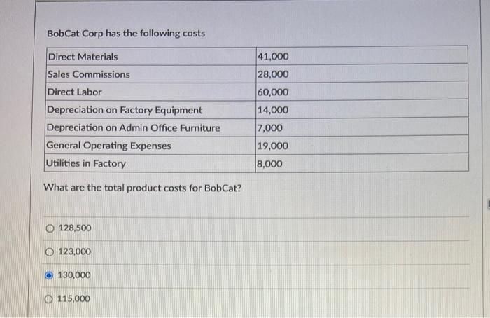 Bobcat Corp Has The Following Costs Direct Materials Sales Commissions Direct Labor Depreciation On Factory Equipment De 1