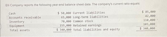 Elli Company Reports The Following Year End Balance Sheet Data The Company S Current Ratio Equals 50 000 Current Liab 1