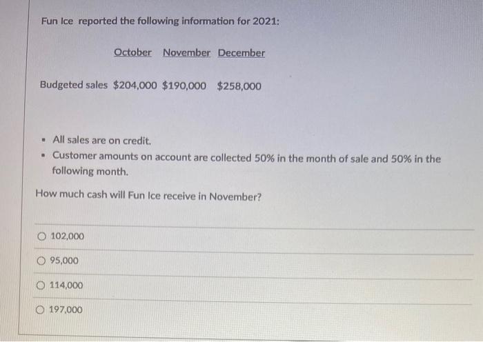 Fun Ice Reported The Following Information For 2021 Budgeted Sales 204 000 190 000 258 000 All Sales Are On Credit 1