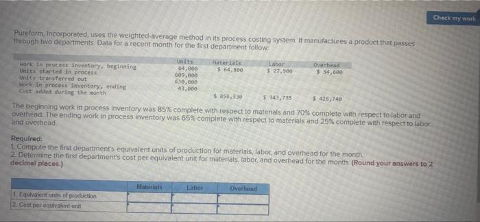 Pureform Incorporated Uses The Weighted Average Method In Its Process Costing System It Manufactures A Product That P 1