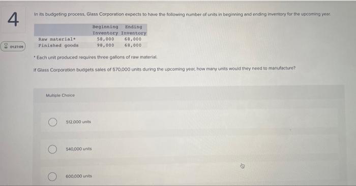 4 01 27 09 In Its Budgeting Process Glass Corporation Expects To Have The Following Number Of Units In Beginning And En 1