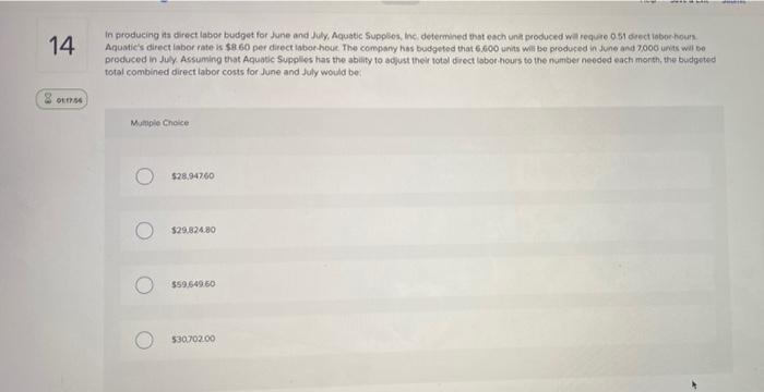 14 In Producing Its Direct Labor Budget For June And July Aquatic Supplies Inc Determined That Each Unit Produced Wil 1