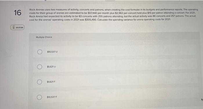 16 2017 09 Rock Arenas Uses Two Measures Of Activity Concerts And Patrons When Creating The Cost Formulas In Its Budge 1